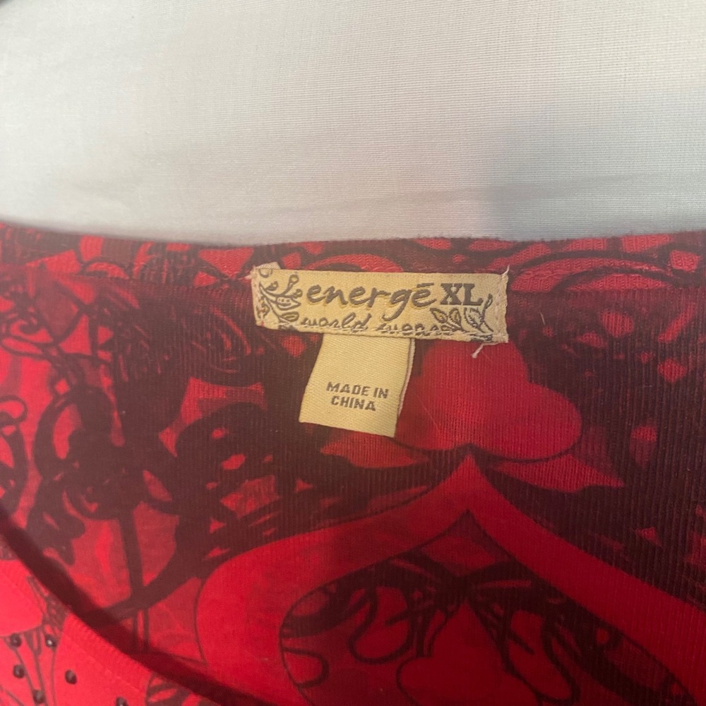 Energe World Wear Womens XL Red Black Damask Rhinestone Tunic 3/4 Sleeve Boho - Picture 2 of 4
